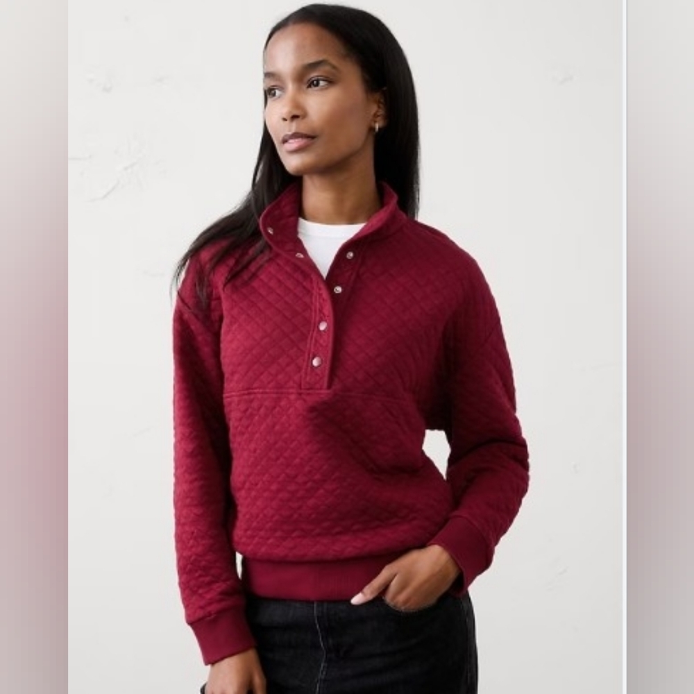 Banana Republic Factory Snap-Collar Quilted Sweatshirt in Red Cognac - Size L
